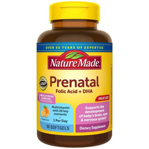 Nature Made Prenatal with Folic Acid + DHA, Prenatal Vitamin and Mineral Supplement Softgels