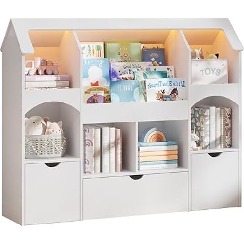Kids Bookshelf with Toy Storage, Castle-Shaped Bookshelf with 3 Movable Drawers and LED Lights, Toy Storage Organizer with 3-Tier Book Rack for Kids Room, Playroom, Nursery