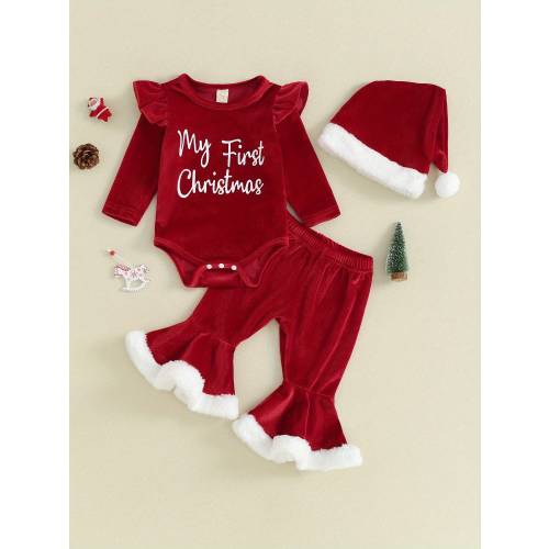 Baby Girl My 1st Christmas Outfits Letter Long Sleeve Romper Tops+Bell Bottom Pants+Headband 3 Pcs Clothes Set Toddler Baby Girl Christmas Outfits Letter Ruffle Long Sleeve Romper Flare Pants Sets Newborn Fall Winter Clothes