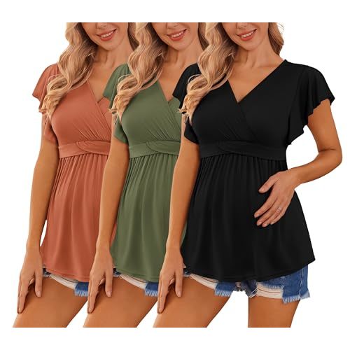 Ekouaer Maternity Shirts 3 Packs Flying Short Sleeve Nursing Tops Pregnancy Clothes