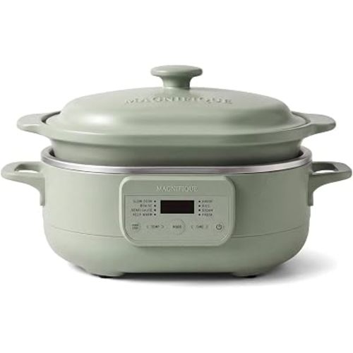 MAGNIFIQUE 6 Quart Programmable Casserole Slow Cooker, 8-in-1 Multi Cooker with Removable Non-Toxic Stoneware Crock, Claypot Slow Cooker, Rice-cooking, Nonstick, Oven Safe Pot to 450°F, Olive