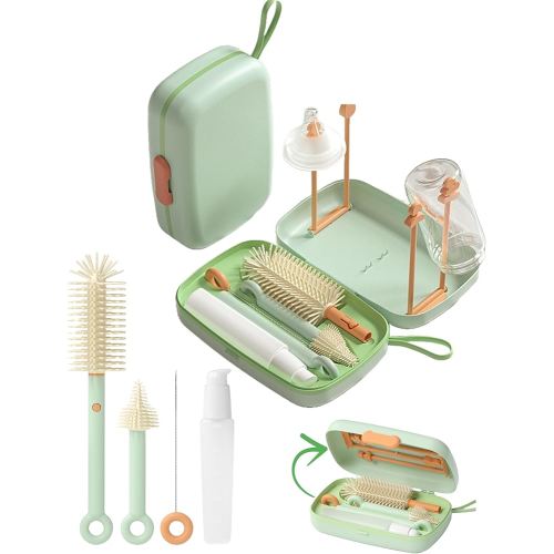 Travel Baby Bottle Cleaning Kit, 7in1 Extendable Silicone Travel Bottle Brush Set & Drying Rack, Nipple, Straw, & Breast Pump Portable Cleaning, wd Soap Dispenser & Organizer Case, Gift for Mom