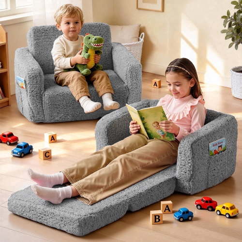 "Caveen Toddler Pull Out Chair, 2-in-1 Convertible Kids Sofa Bed, Lightweight Gray Foam Couch, 40""x17""x11"