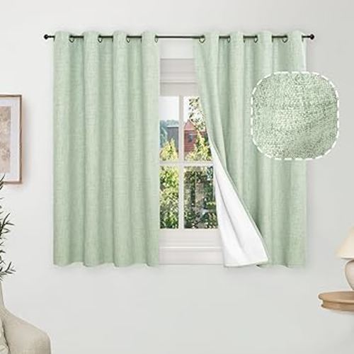 Sage Green Blackout Curtains for Bedroom - Linen Curtains 45 Inch Length Thermal Insulated Privacy Burlap Boho Window Drapes for Basement Scandi Farmhouse Nursery, 2 Panels, Each 52" Wide