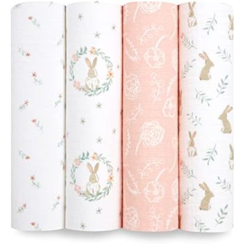 aden + anais Essentials Muslin Swaddle Blankets for Baby Girls and Boys, Newborn Receiving Blanket for Swaddling, 100% Cotton Baby Swaddle Wrap, 4 Pack, Blushing Bunnies