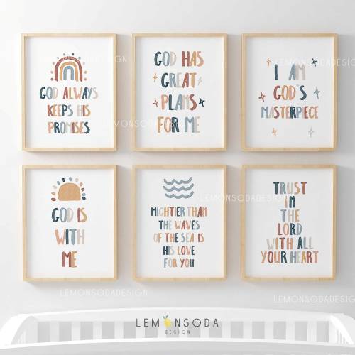 Set of 6 Kids bible verse wall art, Christian Nursery Boho Neutral Scripture Wall Art, Church Nursery Room Decor Bundle, Sunday Classroom