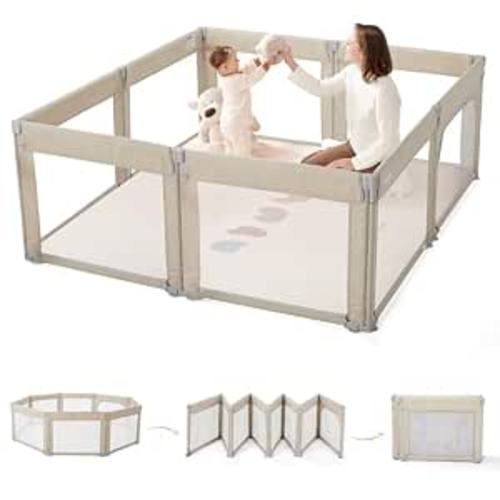 Sweeby Foldable Baby Playpen, 59x59 Playpens for Babies and Toddlers Extra Large Play Yard with Door Baby Fence with Zipper Door and Indoor & Outdoor Play Pen, Light Khaki