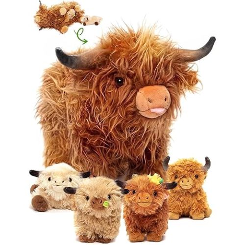 OUOZZZ Highland Cow Stuffed Animal – 14.5" Large Realistic Fluffy Cow Plush Toy with 4 Baby Calves – Travel-Friendly & Portable Gift for Baby Girls, Boys, Toddlers & Kids 3 Year Old