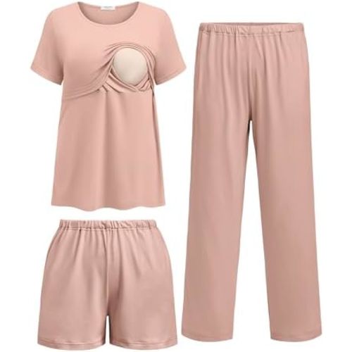 Ekouaer 3 Piece Postpartum Nursing Pajamas Set Short Sleeve Breastfeeding Shirts Pregnancy Shorts & Pants Maternity Pjs