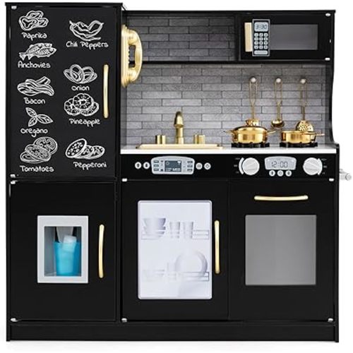 HONEY JOY Kids Kitchen Playset, Wooden Little Chef Pretend Toy Kitchen Set w/Chalkboard, Telephone, Utensils, Oven, Microwave, Sink, Storage, Play Kitchen for Toddlers Boys Girls, Black