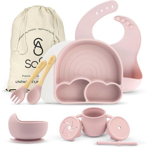 All In One Silicone Feeding Set - Safe for 6-12 Months - Non-Toxic Baby Led Weaning Supplies - Toddler Self Feeding Utensils - BPA-Free - Mess Free Essentials