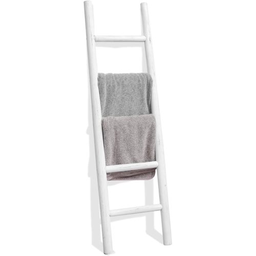 FUIN 57in Wood Blanket Ladder Living Room Decorative Wall Leaning Farmhouse Quilt Display Holder Rustic Wooden Towel Rack for Bathroom, White