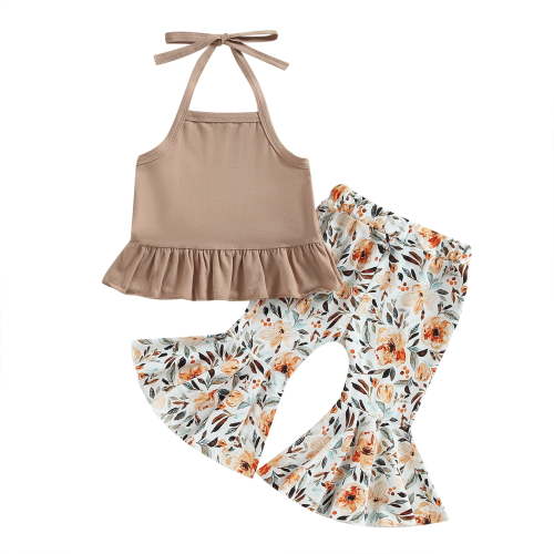 Newborn Baby Girl Summer Clothes 6M 12M 18M 24M Knit Halter Romper Leopard/Sunflower Bell Bottoms Pant Summer Outfit