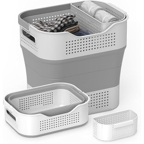 TECHMILLY Collapsible Plastic Laundry Basket Hamper with Handles, 35L Portable Rubber Clothes Basket, Pop Up Storage Container/Organizer with Hanging basket for Washing & Storage, Grey