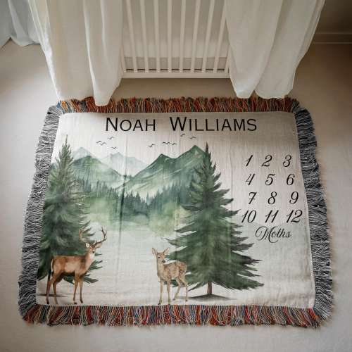 Woodland Baby Milestone Blanket, Personalized Deer Nursery Woven Throw, Custom Name Forest Baby Boy Monthly Blanket