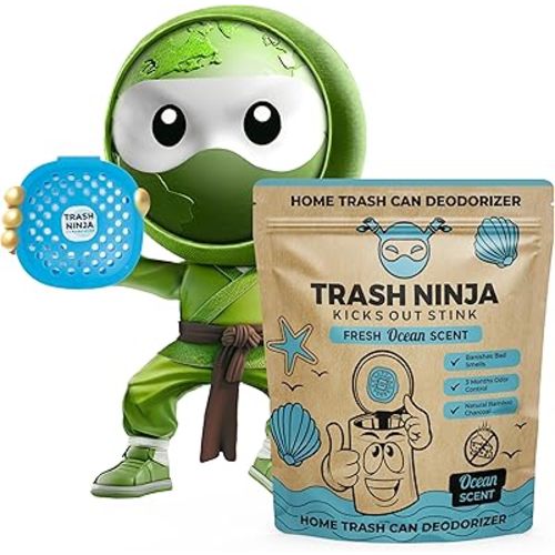 Trash Ninja Trash Can Deodorizer – Stick-On Air Freshener with Activated Charcoal and Fresh Ocean Scent for Kitchen, Bathroom, Fridge, Dumpster, and Trash Compactor Smell Removal