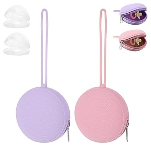 2 Pack Pacifier Holder Case, BPA-Free Silicone Portable Pacifier Case Holder Pouch for Baby Boys & Girls, Travel Storage Container for Newborn, Diaper & Strollers(Pink/Purple)