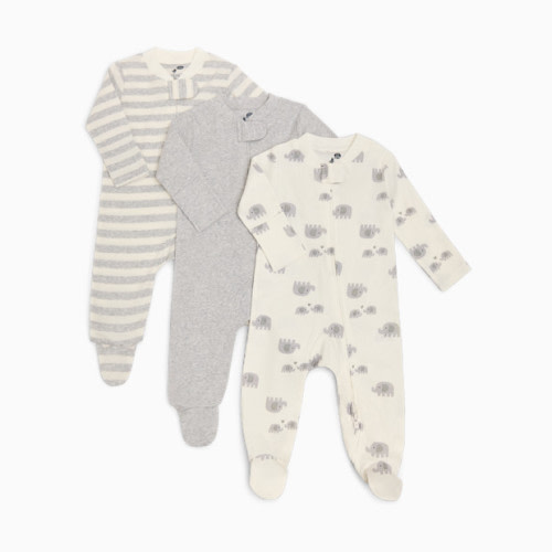 Organic Cotton 2-Way Zip Footie (3 Pack) - Elephant & Stripe & Heather Gray Solid