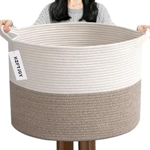 Large Woven Blanket Basket,65L Cotton Rope Laundry Basket Hamper with Handles, Decorative Nursery Basket Storage Bin for Toys, Clothes Organizer, Living Room, Bedroom, Bathroom, White & Brown