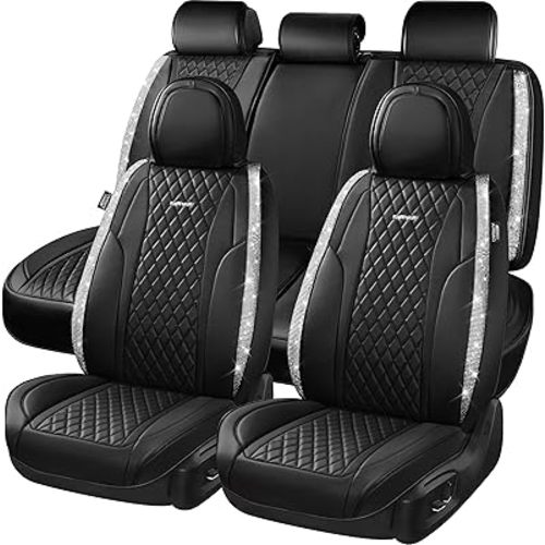 CAR PASS Bling Leather Car Seat Covers & Black Nappa Leather Calfskin Seat Cushioned Protector, Waterproof Anti-Slip Universal Fit SUV Truck Sedan, Glitter Sparkly Shining Rhinestone, Silver Diamond