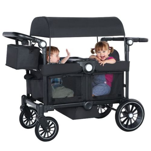 Kinder King Folding Wagon Stroller for 2 Kids, Adjustable Handle, All-Terrain Shock-Absorbing Wheel, Detachable Tray, Diaper Bag