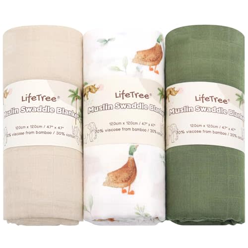 LifeTree 3 Packs Baby Swaddle Blankets, Newborn Muslin Swaddling Wrap Receiving Blanket for Boys & Girls, 70% Viscose from Bamboo and 30% Cotton, Large 47" x 47", Green Duck