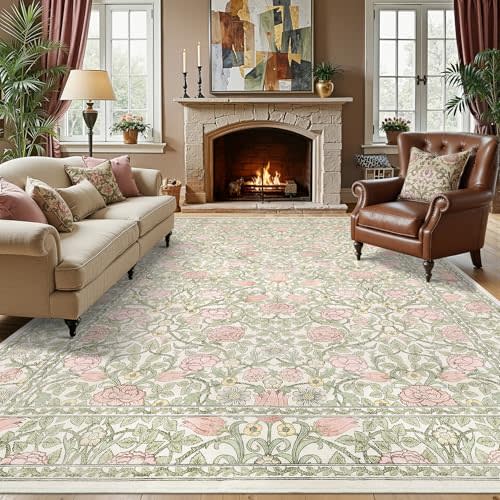 GarveeHome Pink and Green Vintage Floral Washable Rugs 8x10 for Living Room Boho Retro Botanical Rug Low Pile Stain Resistance Non Slip Carpet for Bedroom Nursery Dining Room