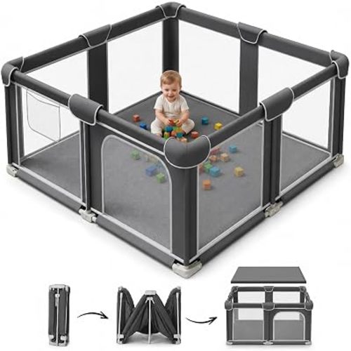 Foldable Playpen for Babies and Toddlers, 50"x50" Portable Play Yard with Mat, Kids Collapsible Play Pen with Sturdy Metal Frame & Mesh Walls, Indoor & Outdoor Baby Fence Play Area