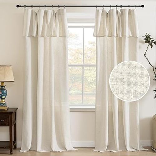 PrinceDeco Linen Curtains with Attached Valance for Living Room 84 Inch Length 2 Panels Set, Light Filtering Semi Sheer Window Curtain Drapes for Bedroom, 52 Inch Wide Each Panel, Ivory