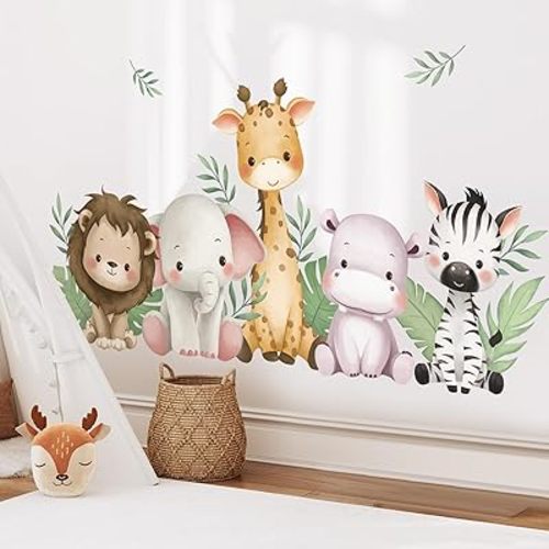 SHUCHING Watercolor Jungle Animal Wall Decals Peel and Stick, Vinyl Safari Giraffe Lion Elephant Wall Sticker, Wall Decor for Nursery Baby Playroom Kids Bedroom