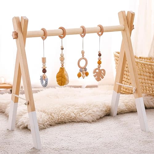 Wooden Baby Play Gym Foldable Baby Play Gym Frame Activity Center Hanging Bar with Gym Toys Natural Wood Play Gym Infants Newborn Gift for Baby Girls Boys