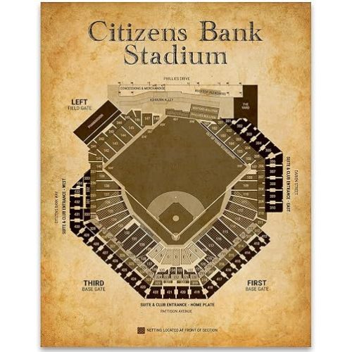 Philadelphia Baseball Stadium Seating Chart - 11x14 Unframed Print, Vintage Blueprint Old Parchment-Like Look, Retro Sports Memorabilia Decor for Fans, Game Room, Man Cave, or Bar