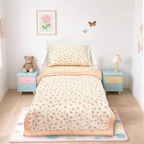 Hooyax Muslin Toddler Bedding Set for Girls - 3 Piece Crib & Kids Bed Set with Fitted Sheet, Quilt and Pillowcase, Breathable & Soft Bedding with Romantic Floral Print
