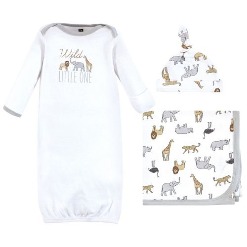 Hudson Baby Gown, Swaddle Blanket and Cap or Headband, Modern Neutral Safari, 0-6 Months