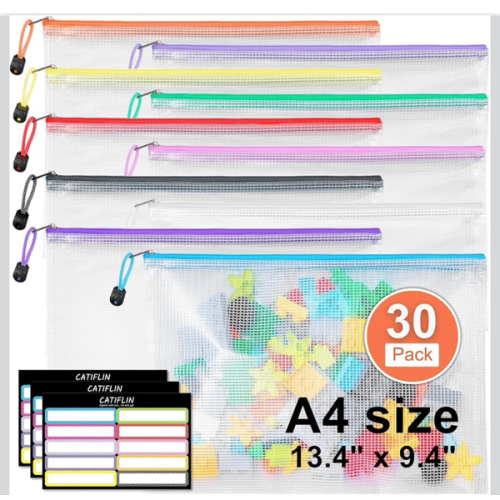 CATIFLIN 30 Pack Mesh Zipper Pouch Bags, A4 Letter Size, Clear Plastic Zip Bags for Board Game & Puzzle Storage, Waterproof & Durable Document Bags for Office, School, Travel, Art & Craft Supplies