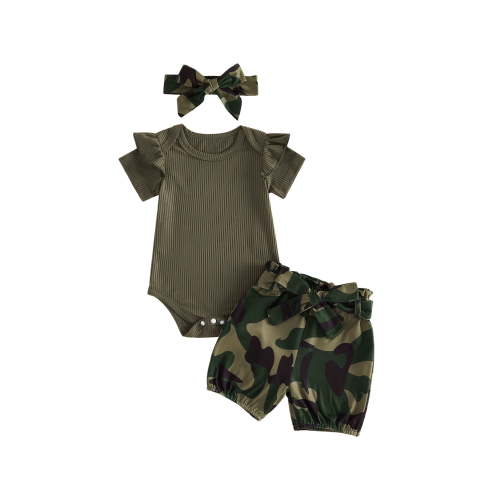 Cenuakty Infant Baby Girl 0-24M Outfit Crew Neck Ruffle Short Sleeve Solid Color Romper Camouflage Shorts Belt and Headband Set