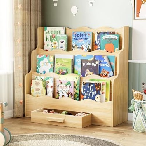 3-Tier Montessori Scalloped Kids Bookshelf with Drawer
