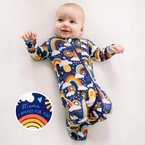 Bamboo Footie Zipper Baby Pajama - Rainbow Baby Blue Bamboo Onesie Sleeper - Mama I Wished for You Affirmation – Raising Mama