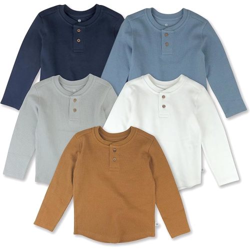 HonestBaby Boys' Baby Toddler & Kid Waffle Henley 100% Organic Long Sleeve Shirts (5-Pack)