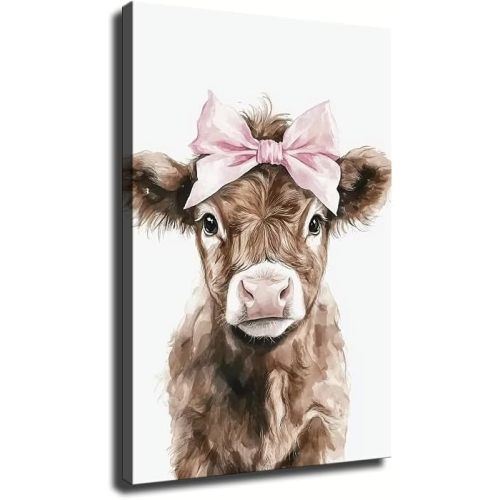 Framed Highland Cow Nursery Canvas Wall Art, Cute Baby Cow with Pink Bow Painting for Baby Girls Room Kids Bedroom Playroom Decor (Framed,08x12 inch)