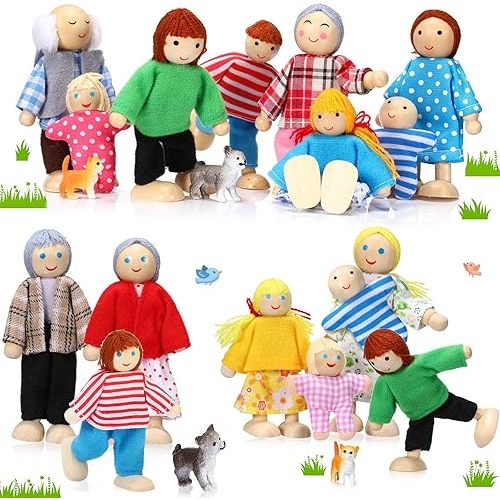 Skylety 20 Pcs Wooden Dollhouse Family Set of 16 Mini People Figures and 4 Pets, Wooden Dollhouse Dolls Family Cosplay Figures Accessories for Pretend Toy(Vivid Style)
