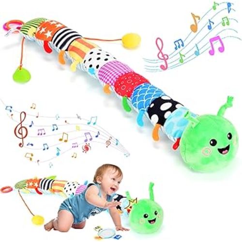 Baby Sensory Toy 0-6-12 Months, 33in Plush Caterpillar with Detachable Touch-Sensitive Music Box (30 Sounds), Baby Mirror, Crinkle Rattle, Teether, Ideal for Tummy Time & Carseat, Newborn Shower Gift