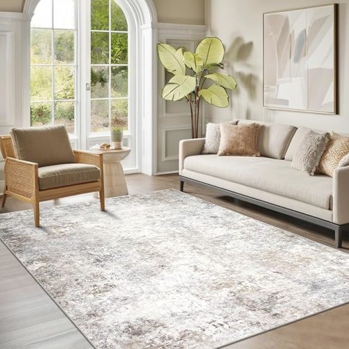 Washable Rugs 5x7 Area Rugs for Living Room,Modern Abstract Rugs for Bedroom,Large Carpets,Ultra Soft Faux Wool Retro Dining Room Rug,Non Slip&Non-Shedding Low Pile Print Rug- Beige Grey