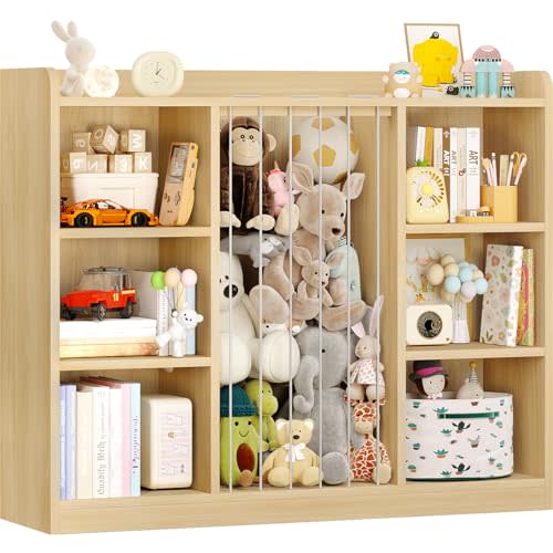 Toddler Stuffed Animal Zoo, Toy Storage Organizer for Playroom, Plush Toy Organizers and Storage, Book Shelf for Kids Rooms, Elastic Band Child Bookcase, Toy Shelf with 8 Storage Cubbies (Maple Wood)