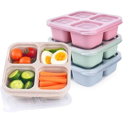 Lvcksturoge 4 Pack Snack Containers, 4 Compartments Bento Snack Box, Reusable Meal Prep Lunch Containers for Kids Adults, Divided Food Storage Containers for School Work Travel