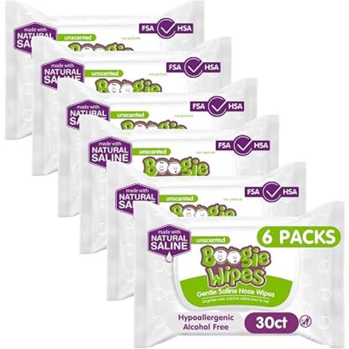Boogie Wipes - Gentle Saline Nose Wipes Unscented - 180 Count | Hypoallergenic & Alcohol-Free, Made with Natural Saline, Aloe, Chamomile & Vitamin E, Diaper Bag Essential