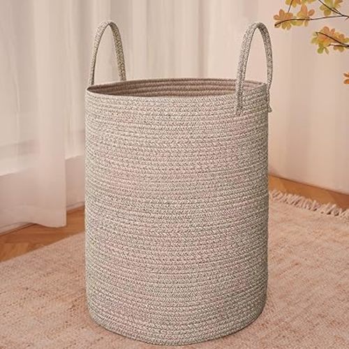 Large Woven Laundry Basket Hamper,60L Cotton Rope Storage Bin for Blankets,Toys and Clothes,Decorative Tall Nursery Hamper for Living Room,Baby Nursery,Bathroom and Bedroom,Oatmeal