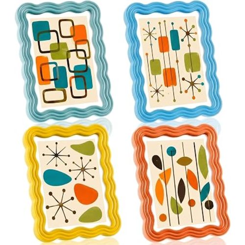 Novabright 4 Set 5 x 7 Colorful Scalloped Picture Frame Maximalist Decorative Picture Frames with Glass Front Wavy Trim Art Table Wall Hanging Whimsical Home Decor Gift (Bright Morandi)