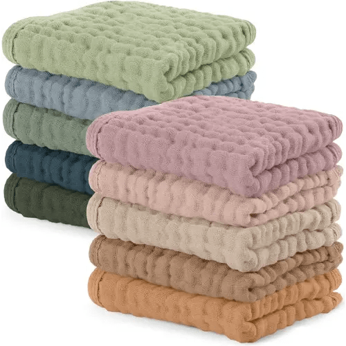 Comfy Cubs Muslin Baby Washcloths 10 Pack - Soft 6-Layer Cotton Wash Cloths for Sensitive Skin - 10"x10" Large, Gentle, Absorbent Infant Essentials for Newborn and Toddlers - Multicolor