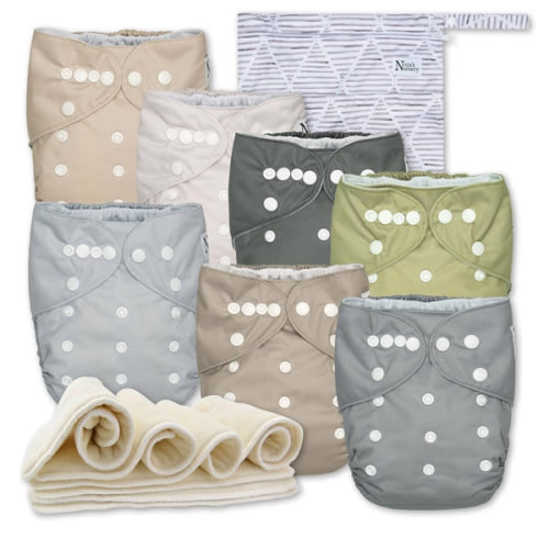 Nora's Nursery Cloth Diapers 7 Pack with 7 Inserts & 1 Wet Bag - Waterproof Cover, Washable, Reusable & One Size Adjustable Pocket Diapers for Newborns and Toddlers - Sand and Stone